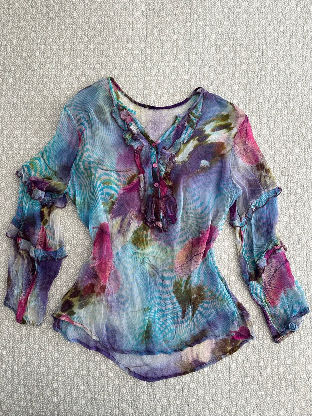 Y2K 90s Sheer Multicolor Ruffled V-Neck Top Watercolor Print Rayon